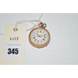 A 14ct. yellow gold open faced fob watch, with decorative roman white enamel dial.