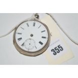 A silver cased open faced pocket watch, white enamel roman dial (damages and missing pointers).