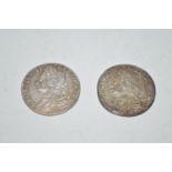 Two George II shillings, 1745 and 1758.