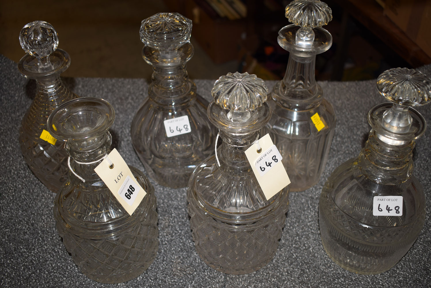 *19th Century cut glass mallet-shaped decanters, various (one stopper missing).