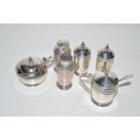 A quantity of silver condiments, including: a three-piece Art Deco condiment set, by P. & W.