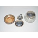 A glass preserve jar with silver cover; a German silver dish; a Continental silver wine taster;