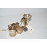 A silver christening mug; a silver matching two-handled sugar bowl and cream jug;