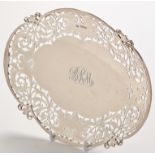 A George VI cake stand, by Viners, Sheffield 1949, of oval pierced form decorated leafy scrolls,