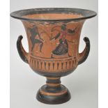 Ancient Greek style calyx/krater, painted with male figures in black and red,