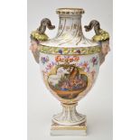 Meissen style urn, the body with quatrefoil panels having tavern scenes,