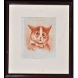 Louis Wain (1860-1939) A surprised cat in bow tie, signed, red Conté crayon,