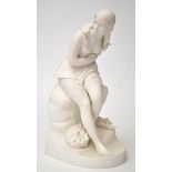 Mintons Parian ware figure of Dorothea, seated, leaning slight forward whilst holding her waist,