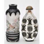 Chinese overlay glass snuff bottle, black carved with various shou characters, height 6.