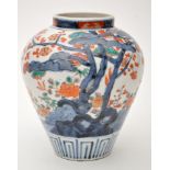 'Imari' pear shaped vase, with blossom trees and bamboo in rocky landscape, probably Japanese,