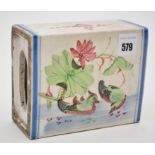 Rectangular section stand, painted with mandarin ducks in lotus pond, pierced upper surface,