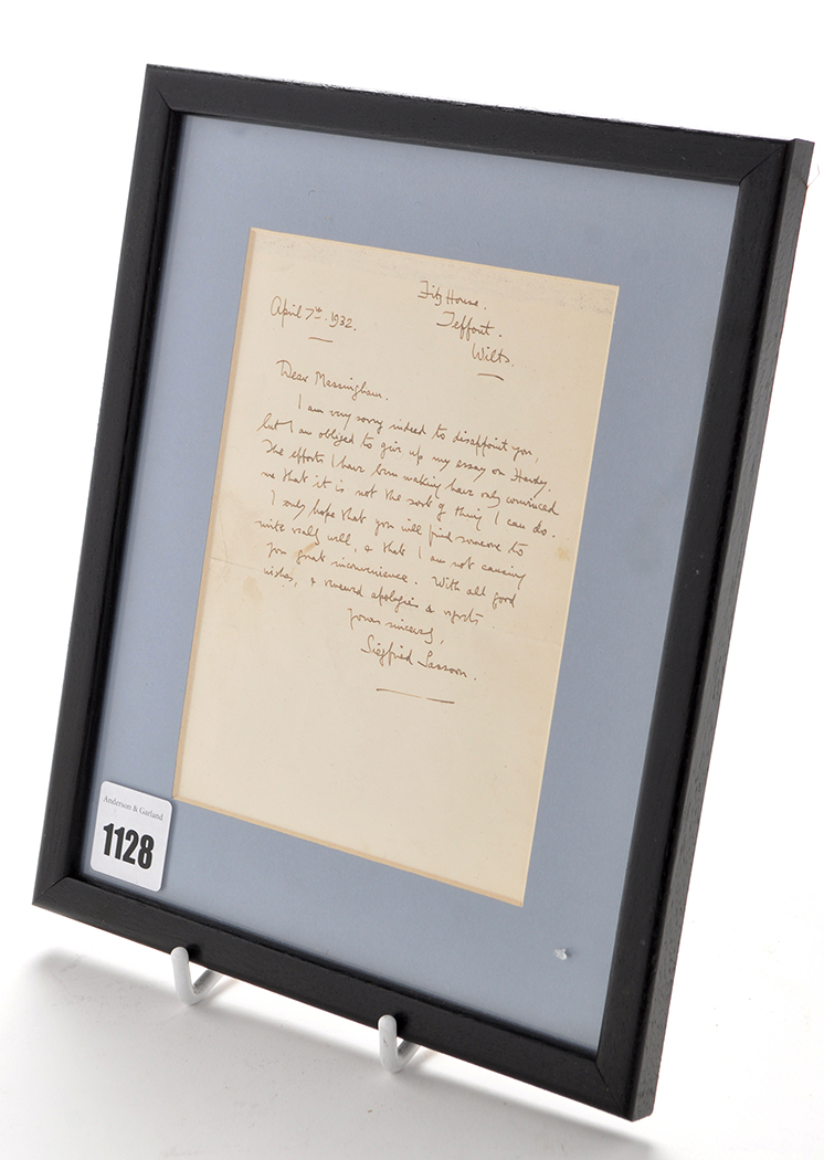 Siegfried Sassoon (1886-1967): a signed letter, dated April 7th 1932 "To Massingham",