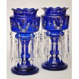 Pair of enamelled and gilt blue glass lustres,