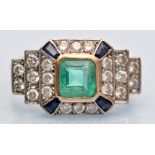 An Art Deco emerald, sapphire and diamond ring,