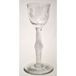 Engraved air twist wine glass, of possible 'Jacobite' interest, ogee bowl with rose,