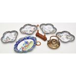 Five Chinese Canton enamel dishes, the longest length 13cm; Japanese Satsuma ware miniature teapot,