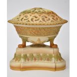 Royal Worcester 'Blush ivory' brazier-shaped potpourri stand and cover, pierced 'Gothic' tracery,