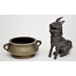 Chinese bronze Qilin, with hinged head, height 17cms; bronze censer,