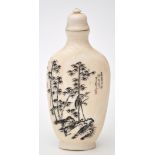 Chinese carved ivory snuff bottle and stopper, incised with egret upon rockwork with bamboo beyond,