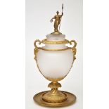 19th Century giltmetal mounted frosted glass urn, cover and stand, of classical form,