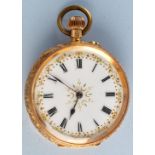 A Swiss 18k cased fob watch, with decorative enamel roman dial, engraved foliate case,