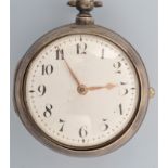 *A George III silver pair cased fusee open faced pocket watch, with enamelled arabic dial,