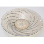 Lalique 'Poisson' opalescence glass dish, with fish encircling bubbles or spawn, diameter 30.