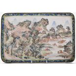 Chinese Canton enamel rectangular tray, painted with lakeland landscape punctuated by fishermen,