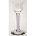 Engraved opaque twist wine glass, of possible 'Jacobite' interest, ogee bowl with rose,