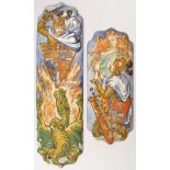 Two painted door plaques depicting Norse Sagas,