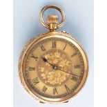 A Swiss 18k. fob watch, with gilt roman dial, matted foliate centre, foliate case with initials, 35.