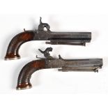 A pair of early 19th Century percussion pistols, the 40 bore octagonal barrels with swivel ramrods,