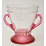 Engraved rose and clear glass two-handled vase, with initials "CM", height 15.2cm.