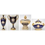 Bone china blue ground potpourri vase and cover, of classical form with gilt detailing,