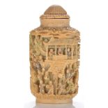 Chinese carved and partially stained ivory snuff bottle and cover,