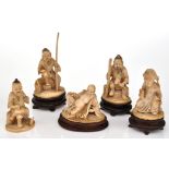 Five Chinese carved ivory seated or squatting figures, depicting rural practices and leisure,