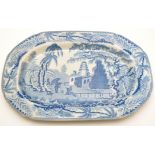Pearlware blue and white serving dish of 'North East' interest, printed with Oriental landscape,
