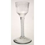 Engraved opaque twist wine glass, ogee bowl with floral band above double series opaque twist stem,