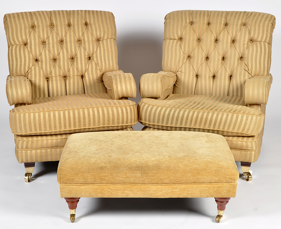 A pair of Kirkdale Furniture button back easy armchairs, upholstered in striped material,