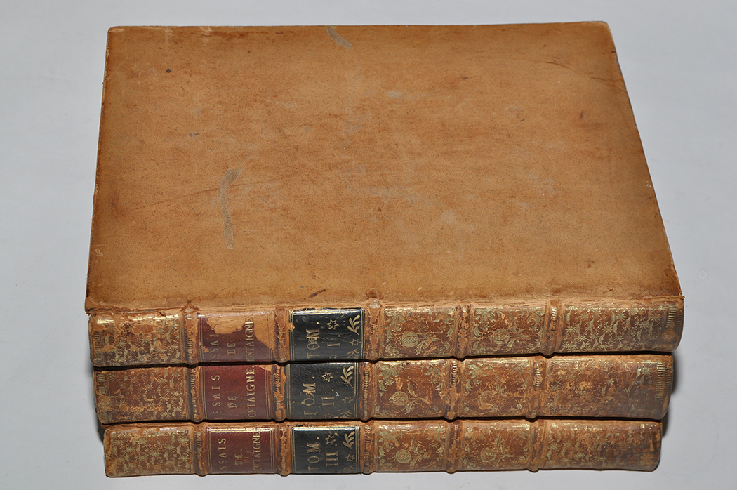 Montaigne (Michel de) Les Essais, 3 vols, 4to, blond calf, engraved portrait, [ESTC N9321], London,