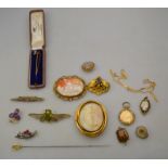 A mixed lot containing various vintage and antique items, two cameo brooches in gilt metal frames,