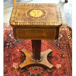 A Victorian specimen timber and rosewood teapoy raised on a tapering octagonal support to a shaped