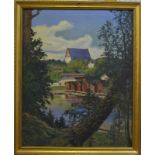 E A R-in - Finnish lake view with wooden chalets beside, oil on canvas,