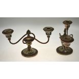 A pair of Matthew Boulton Old Sheffield Plate twin branch candelabra with gadrooned rims and reeded