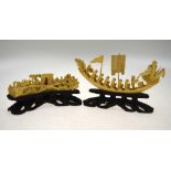 A Chinese marine tusk carving, miniature village scene with figures, animals, building,