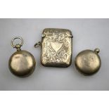 Two silver sovereign cases, London 1882 and Birmingham 1908, to/w an engraved vesta case, Birmingham