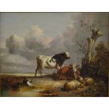 Manner of T S Cooper - A pair - Cows in a landscape and horses beside a thatched building,