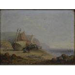 WS - Beached boats with figures, oil on board, signed with initials and dated 1853 lower left,