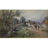 English school - A village lane with man leading two horses, watercolour,