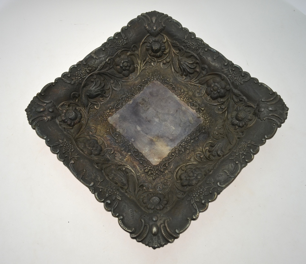 An electroplated square dish, chased and embossed with flowers, on cast scroll feet, 35 cm, - Image 6 of 6